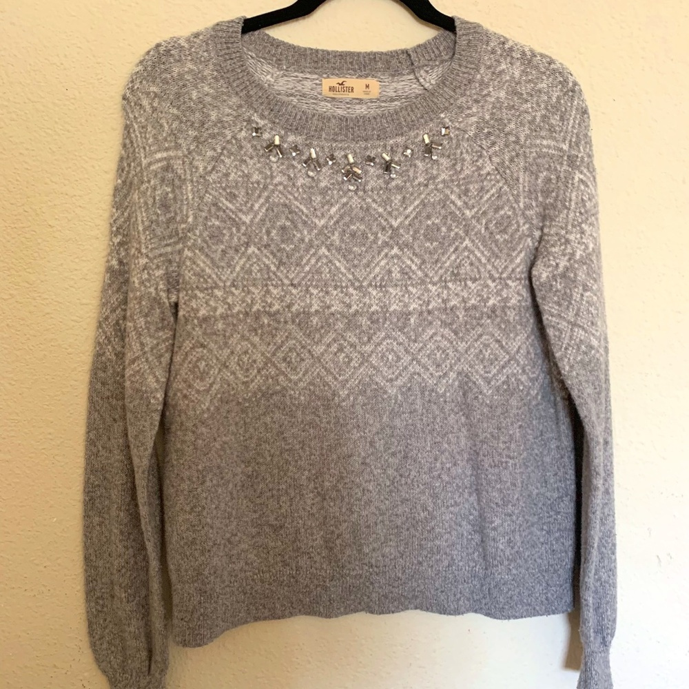 Grey Hollister Embellished Knit Pullover Sweater